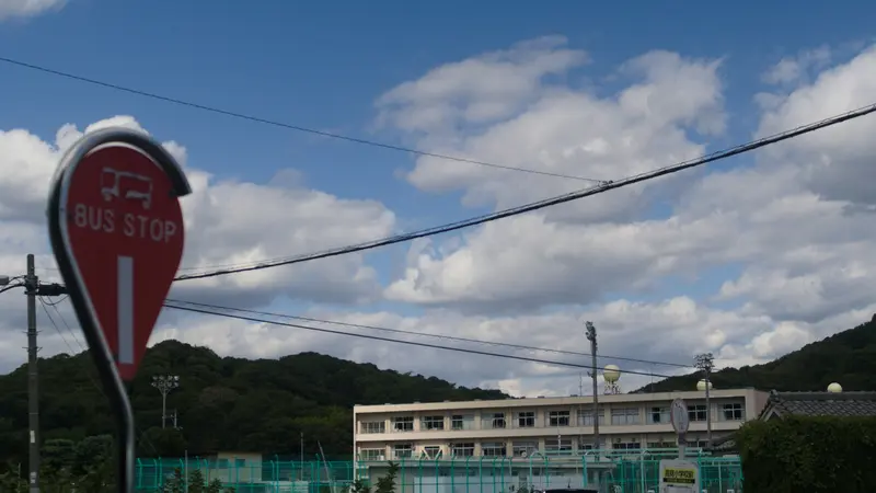 Round red bus stop sign on a pole in a small Japanese town, with a low building and forested mountains under a blue sky