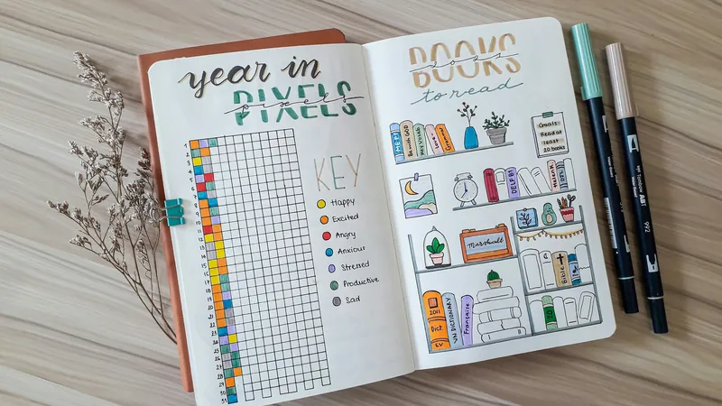 Un bullet journal aperto con un tracker dell'umore «year in pixels» e una pagina «books to read», accanto a due pennarelli