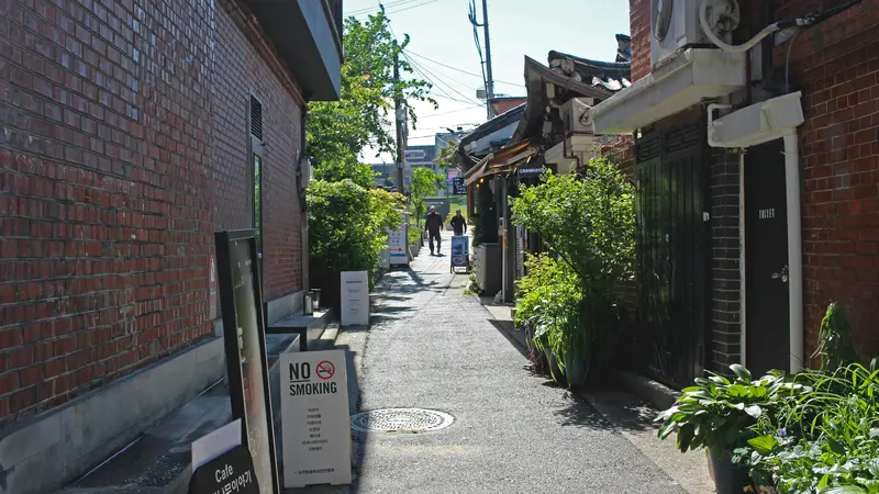 A narrow alley in South Korea between a red brick building and small shops, with potted plants and a no-smoking sign
