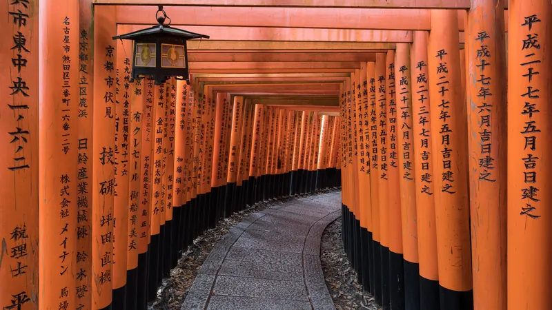 A tunnel of vermilion torii gates inscribed in Japanese, with a hanging lantern, at Fushimi Inari Taisha in Kyoto