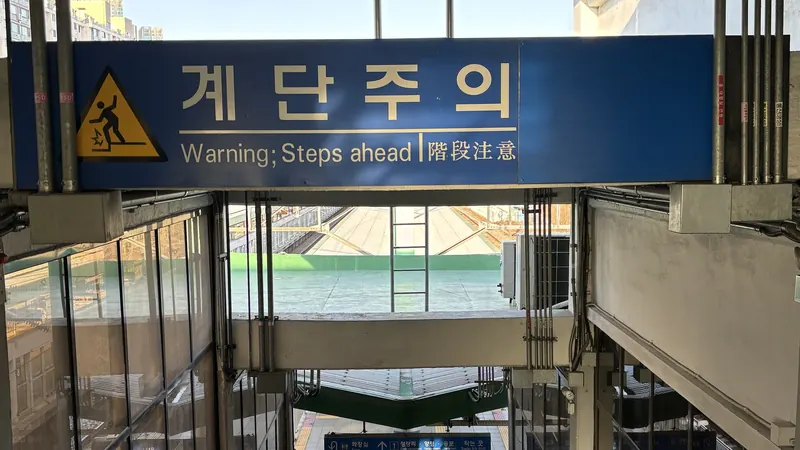 A blue station sign reading 계단주의 in Korean above "Warning; Steps ahead" in English and Chinese, over stairs at Seobinggo Station, Seoul